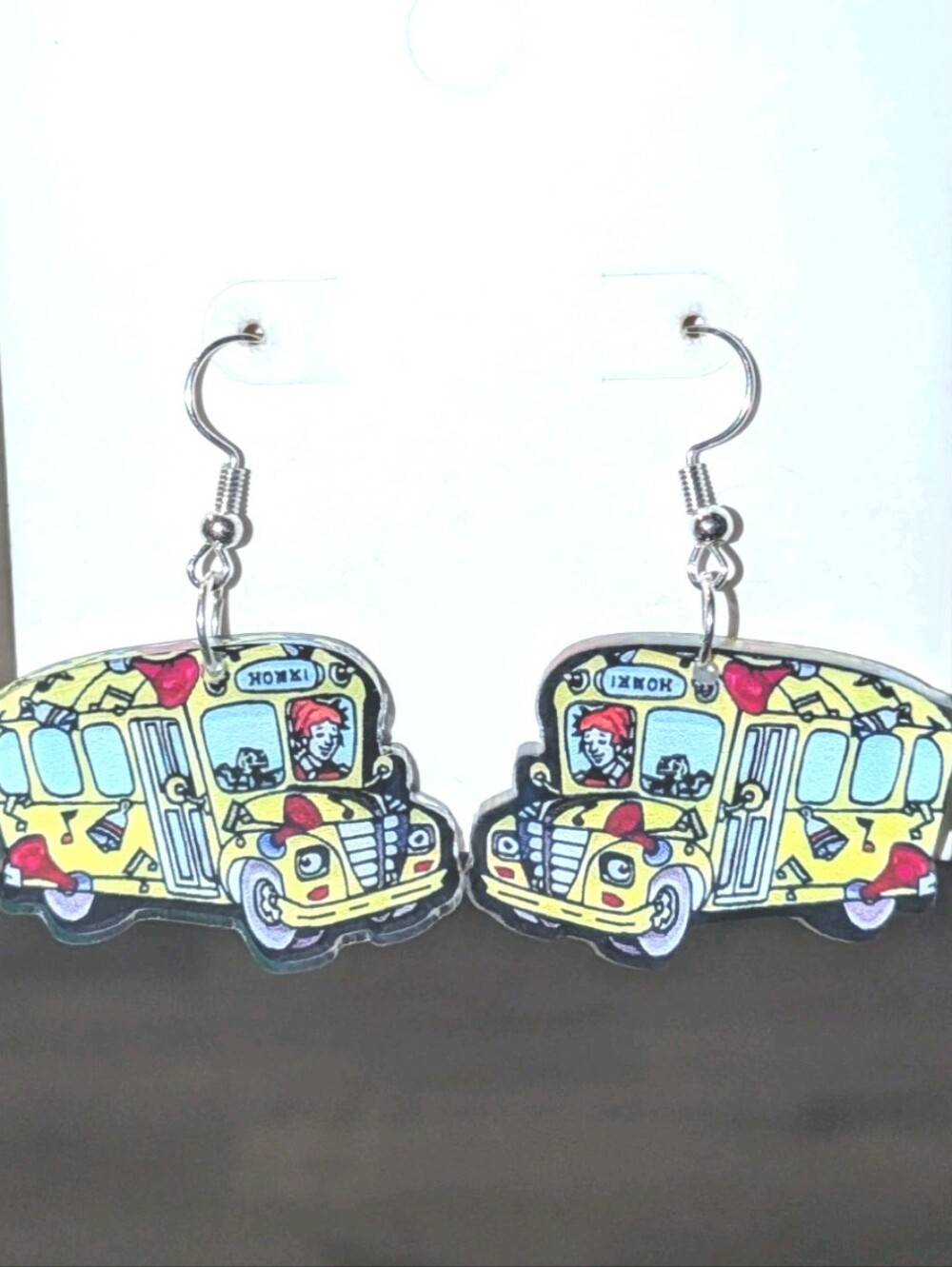 Hand Crafted Yellow School Bus Earrings with Red Accents